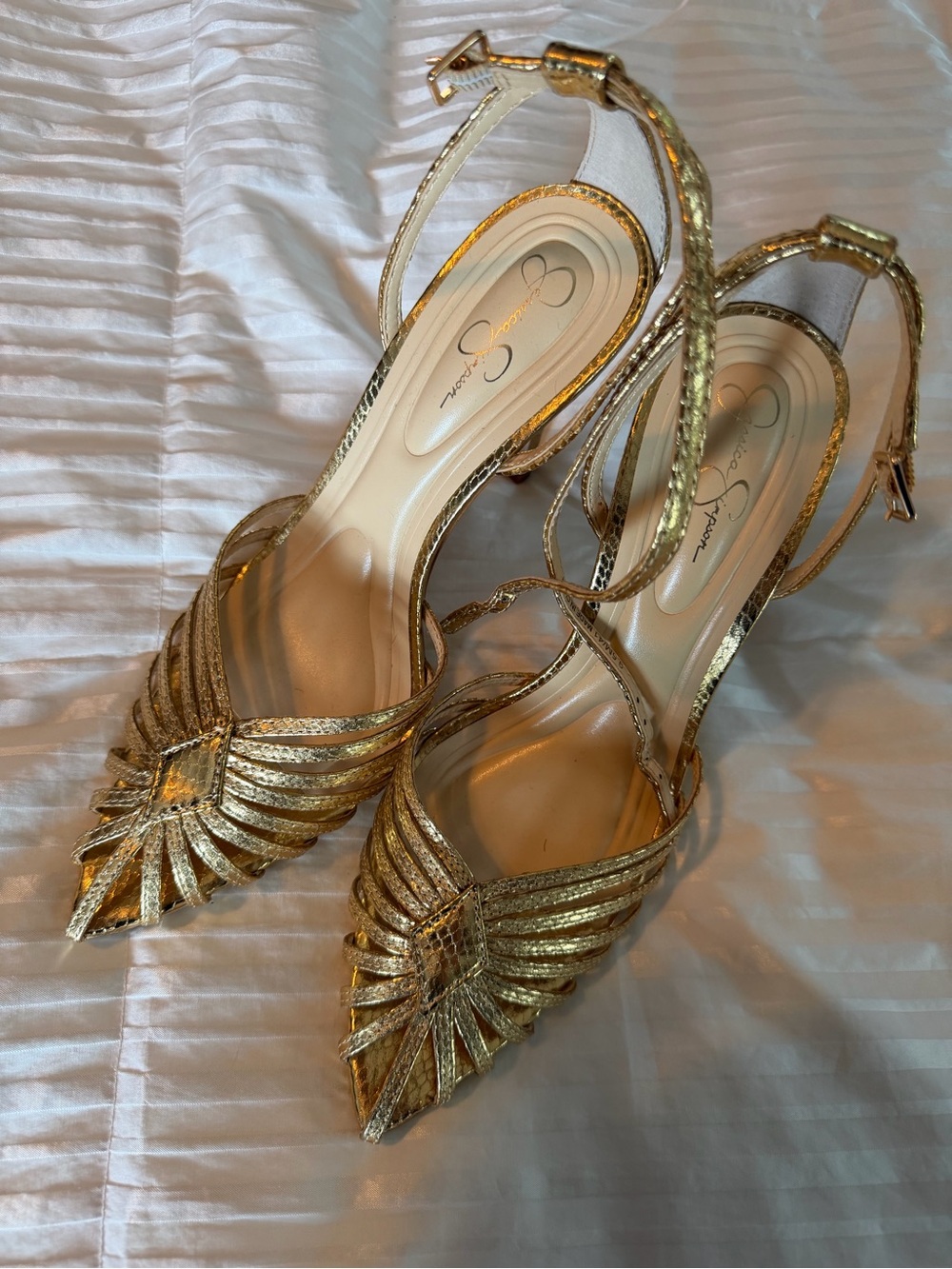 Jessica Simpson Metallic Gold Strappy Pointed-Toe Heels - Picture 3 of 3